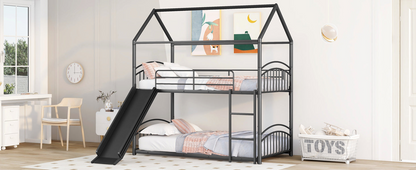 Start2Finish twin over twin metal bunk bed with house design and slide, featuring sturdy frame and playful kids&