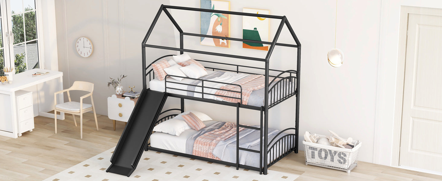 Start2Finish twin over twin metal bunk bed with built-in house design and slide, ideal for kids&
