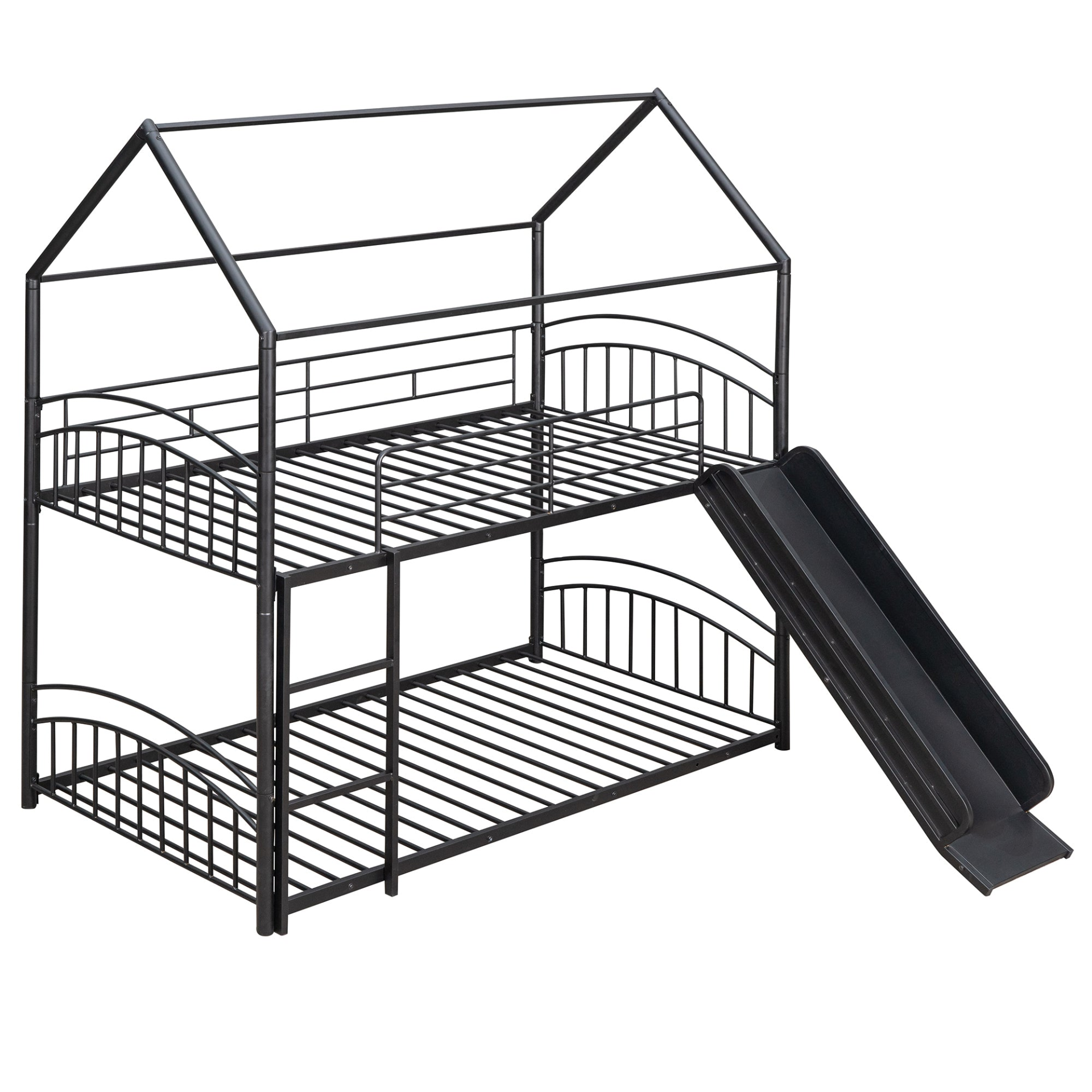 Start2Finish twin over twin metal bunk bed with built-in kids house bed and slide, featuring a sturdy frame and playful design.