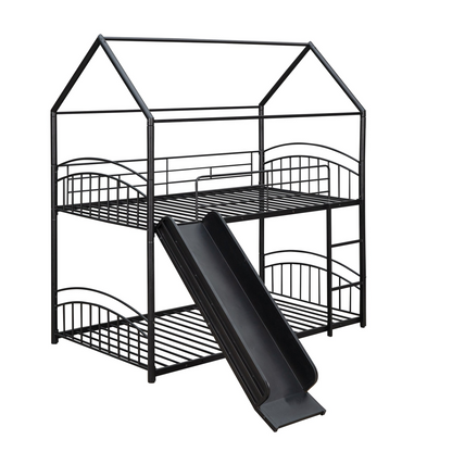 Start2Finish twin over twin metal bunk bed with built-in house design and slide, perfect for kids&
