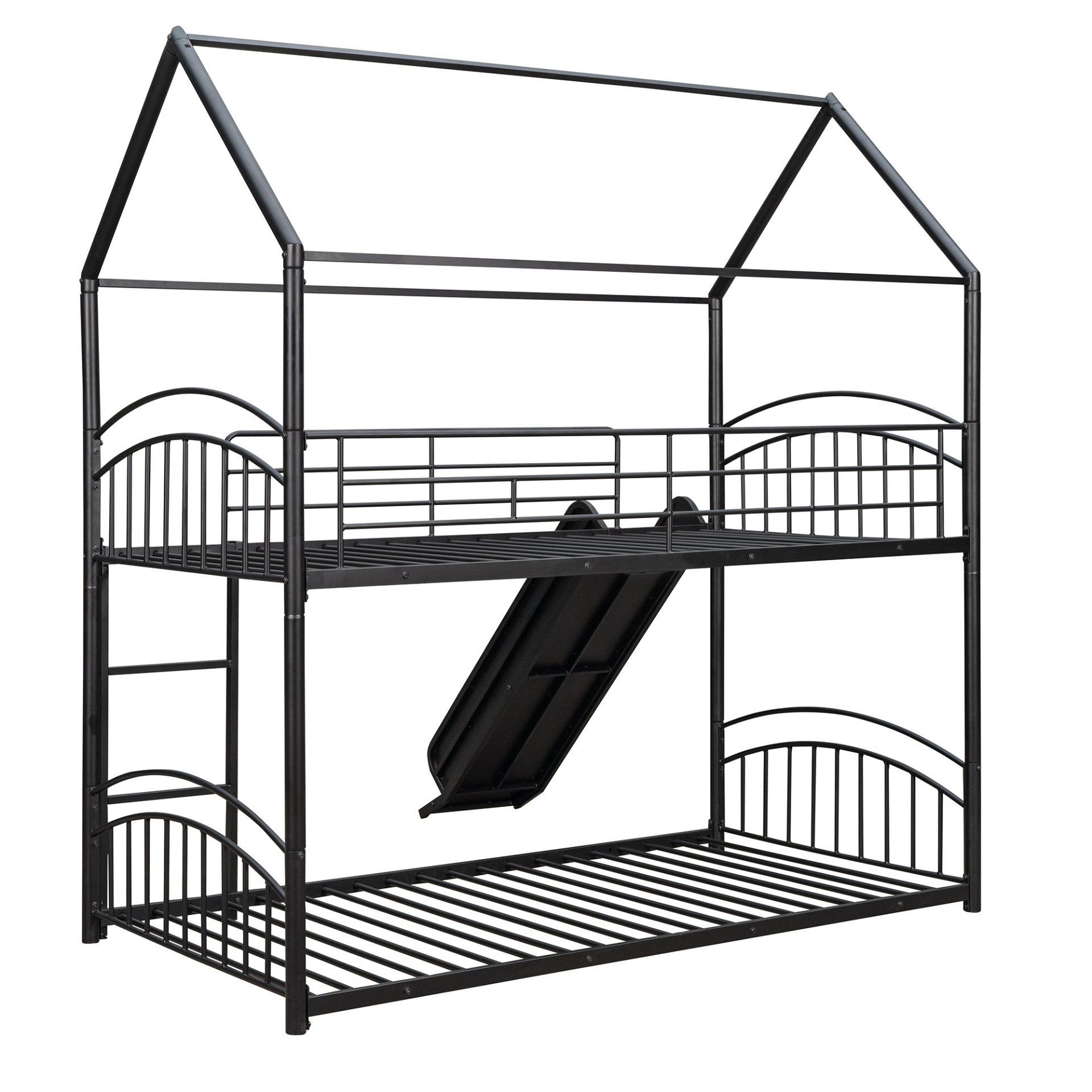 Start2Finish twin over twin metal bunk bed with built-in house design and slide, ideal kids&
