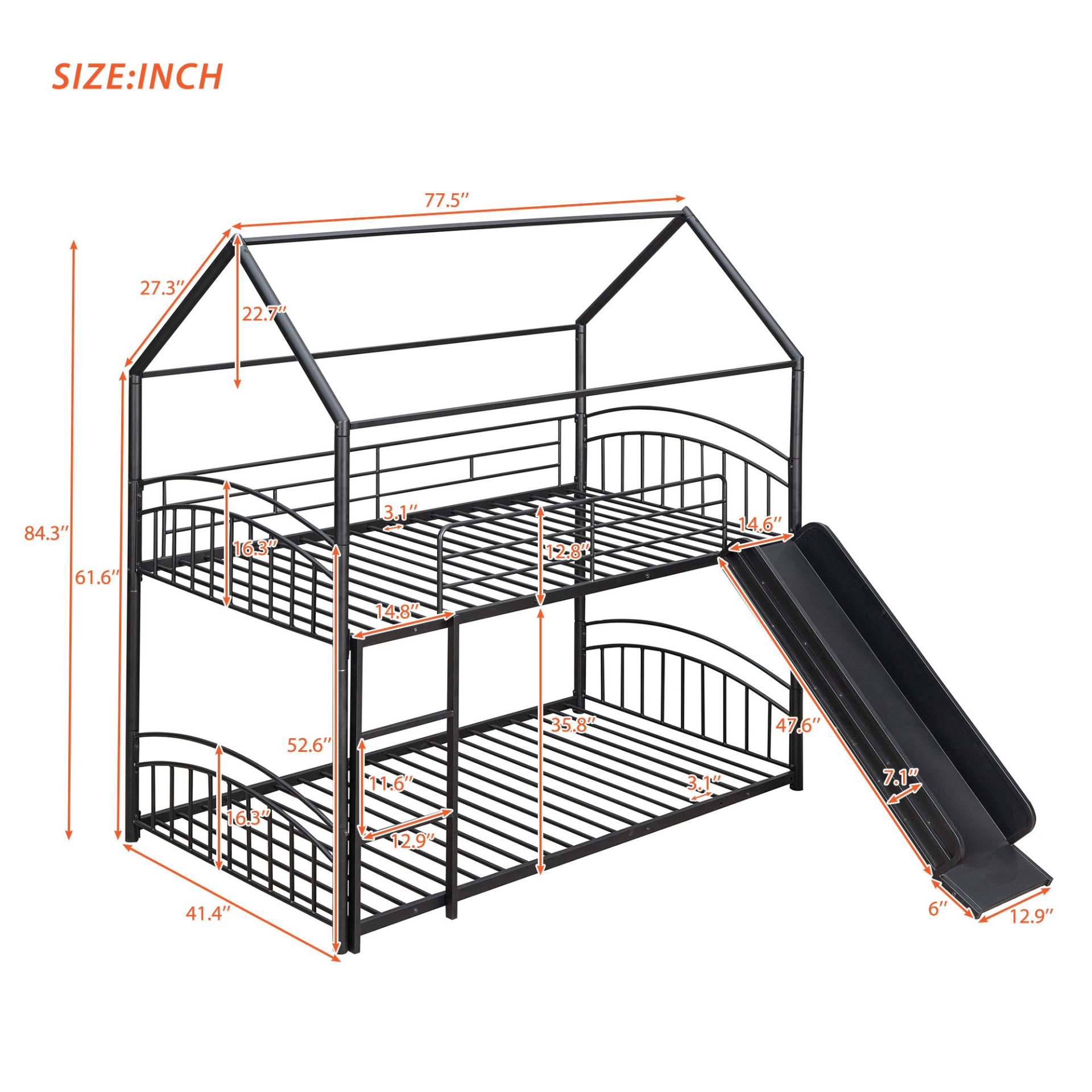 Start2Finish twin over twin metal bunk bed with built-in house design and slide, ideal for kids&