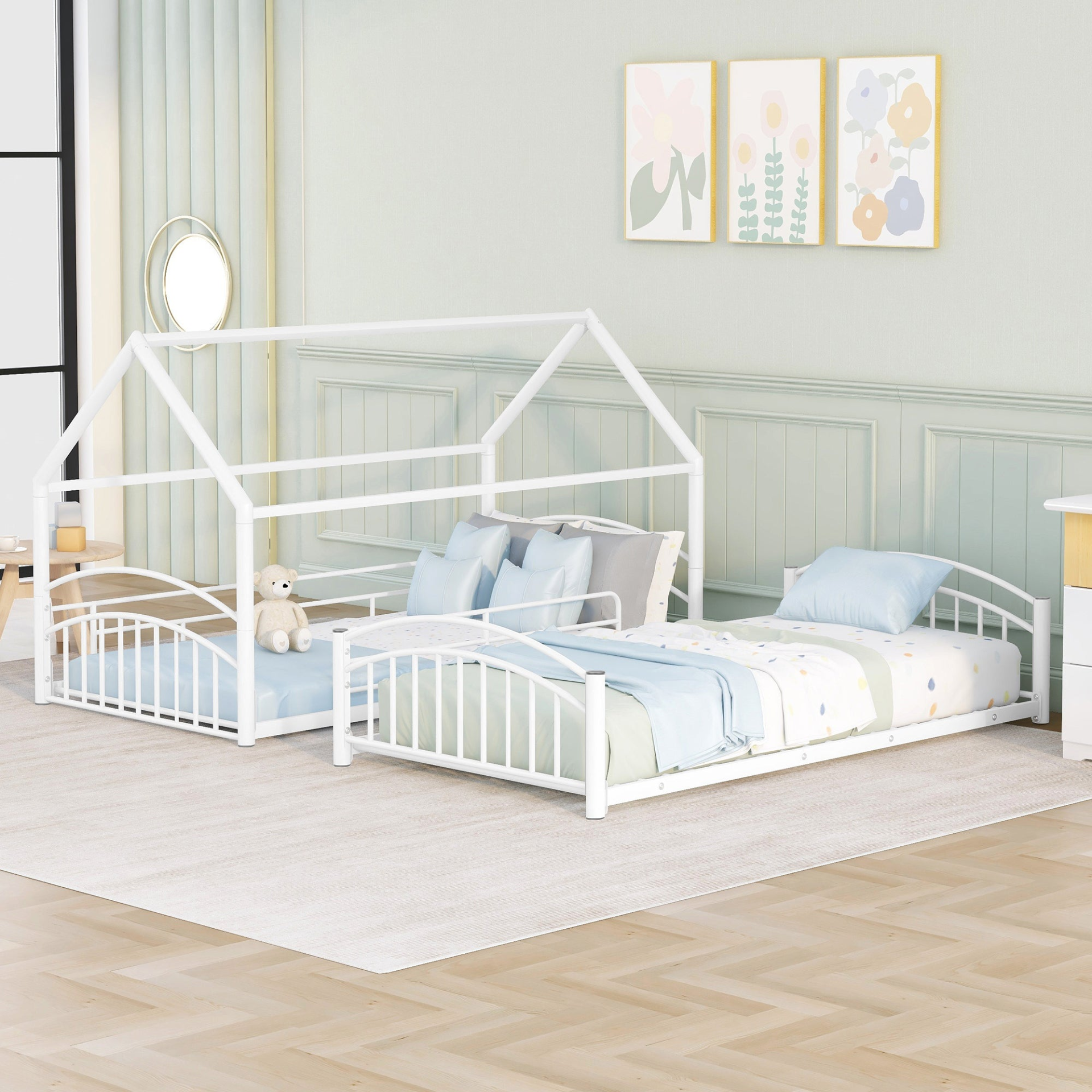 Start2Finish twin over twin metal bunk bed with built-in house design and slide, ideal for kids&