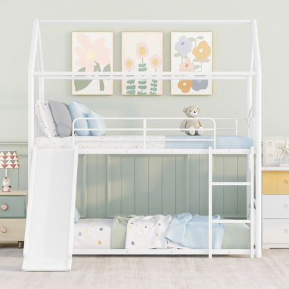 Start2Finish twin over twin metal bunk bed for kids with house design and slide, featuring a sturdy frame and playful sleeping space.