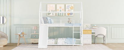 Start2Finish twin over twin metal bunk bed with built-in house design and slide, ideal kids&