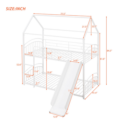 Start2Finish twin over twin metal bunk bed with house design and slide, featuring a sturdy frame, ladder, and playful bedroom furniture.