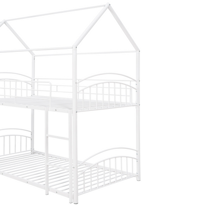 Start2Finish twin over twin metal bunk bed with built-in house design and slide, featuring a sturdy frame and playful kids&