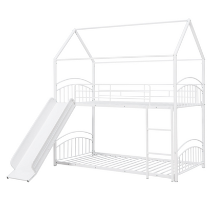 Start2Finish twin over twin metal bunk bed with built-in house design and slide, featuring sturdy metal frame and playful kids&