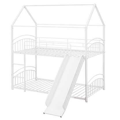 Start2Finish twin over twin metal bunk bed with house design and slide, featuring sturdy metal frame and playful kids&