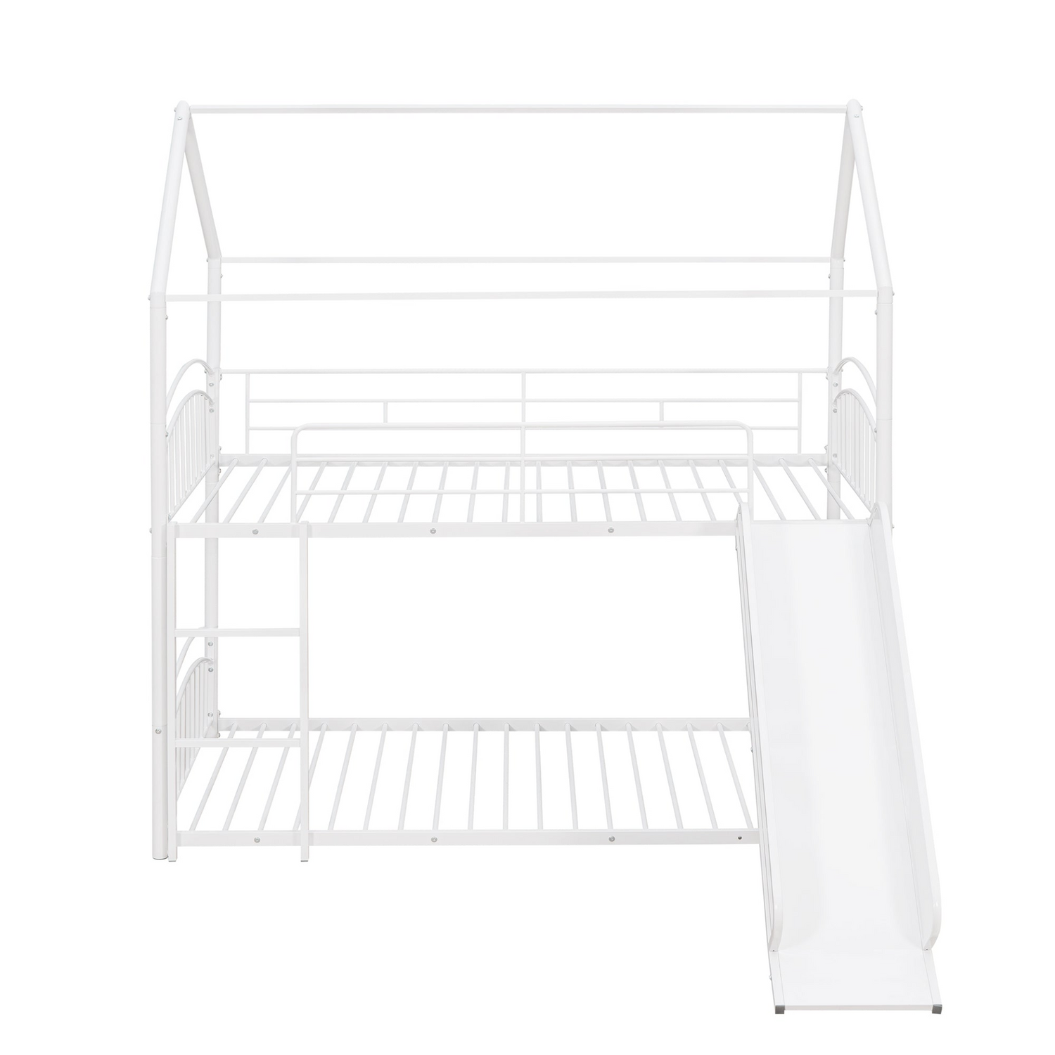 Start2Finish twin over twin metal bunk bed with house design and slide, featuring sturdy construction and playful style for kids&
