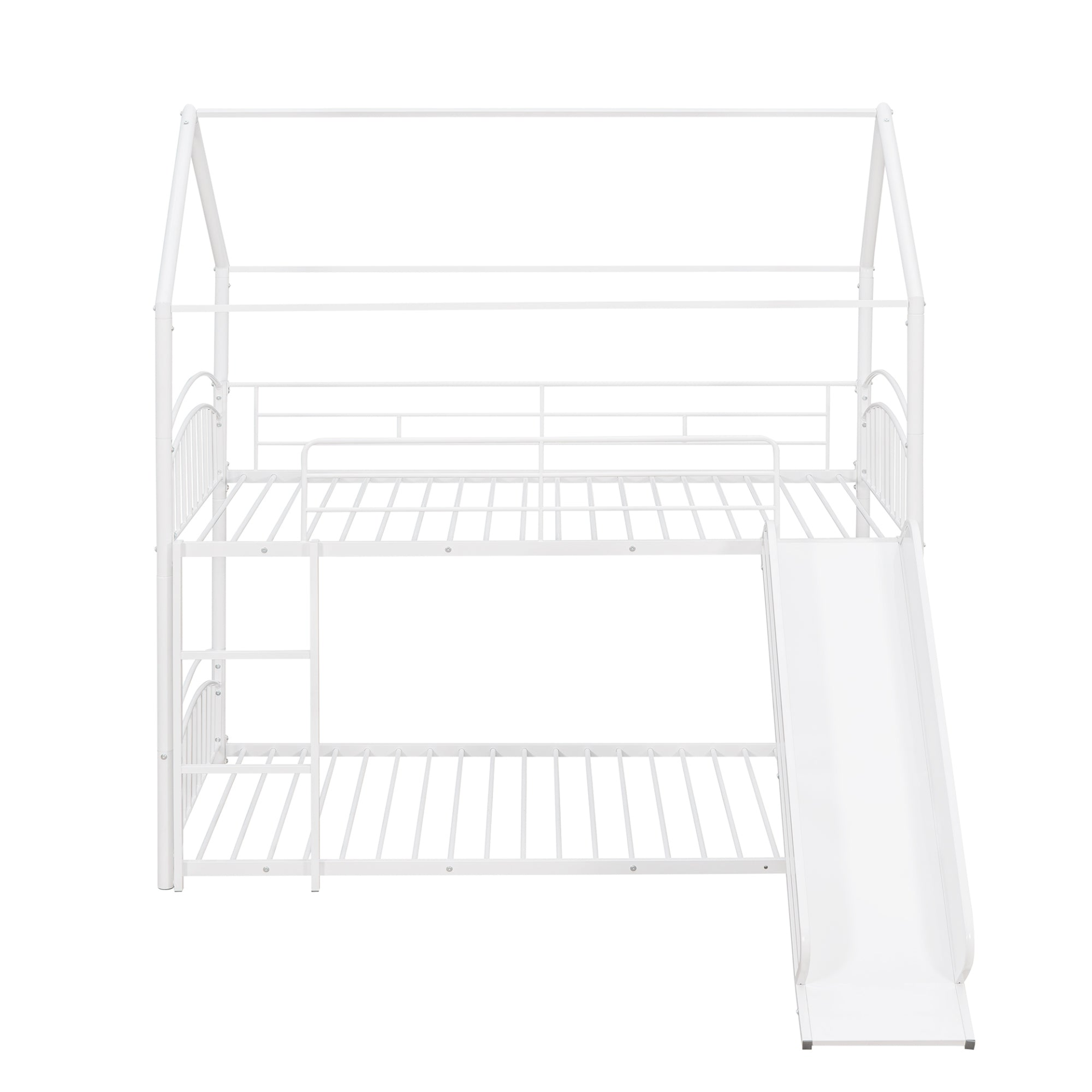 Start2Finish twin over twin metal bunk bed with house design and slide, featuring sturdy construction and playful style for kids&