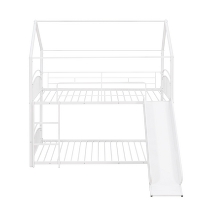 Start2Finish twin over twin metal bunk bed with house design and slide, featuring sturdy construction and playful style for kids&