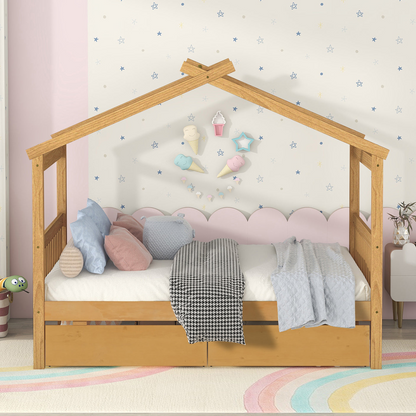 Full size wooden house bed with built-in drawers from Start2Finish, featuring a cozy house-shaped design and storage drawers underneath.