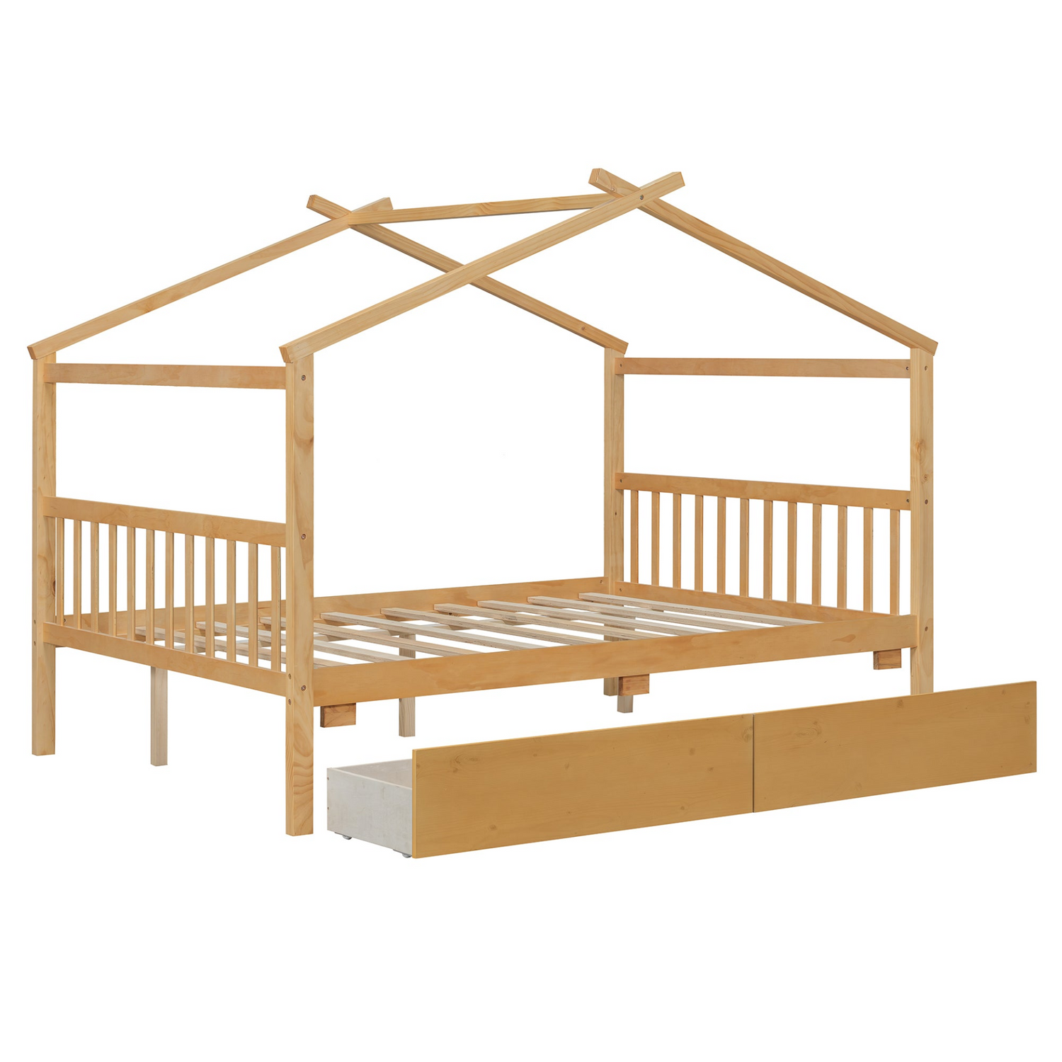 Full size wooden house bed with built-in drawers from Start2Finish, featuring a cozy house-shaped design and ample storage space.
