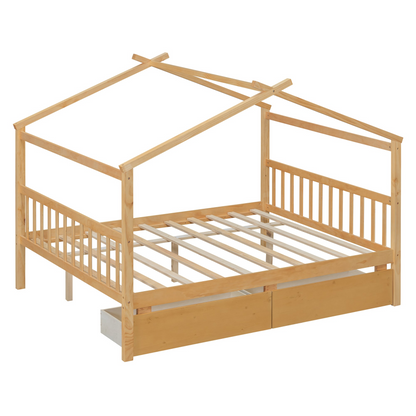 Full size wooden house bed with built-in drawers by Start2Finish, featuring a cozy house-shaped design and storage drawers underneath.