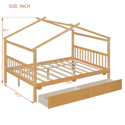 Full size wooden house bed with built-in drawers by Start2Finish, featuring a charming house-shaped design and storage drawers underneath.