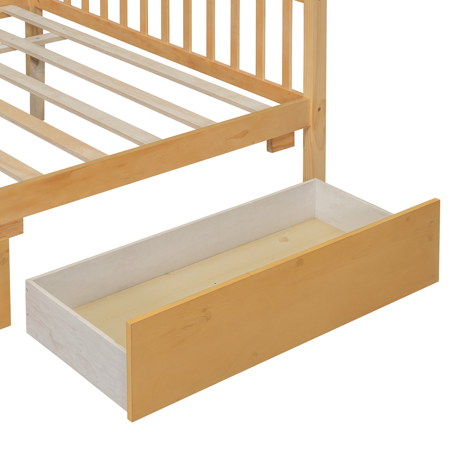 Full size wooden house bed with built-in drawers from Start2Finish, featuring a cozy house-shaped design and storage drawers underneath.