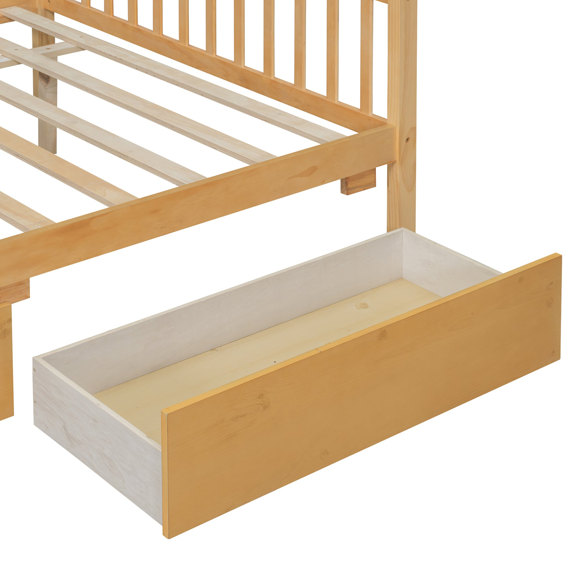 Full size wooden house bed with built-in drawers from Start2Finish, featuring a cozy house-shaped design and storage drawers underneath.