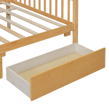 Full size wooden house bed with built-in drawers from Start2Finish, featuring a cozy house-shaped design and storage drawers underneath.