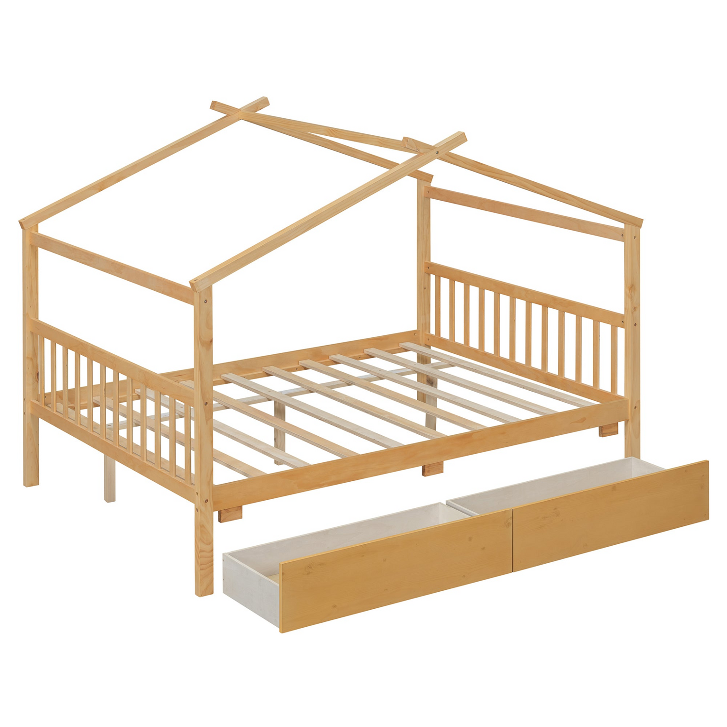 Full size wooden house bed with built-in drawers from Start2Finish, featuring a cozy cabin design and storage drawers underneath.
