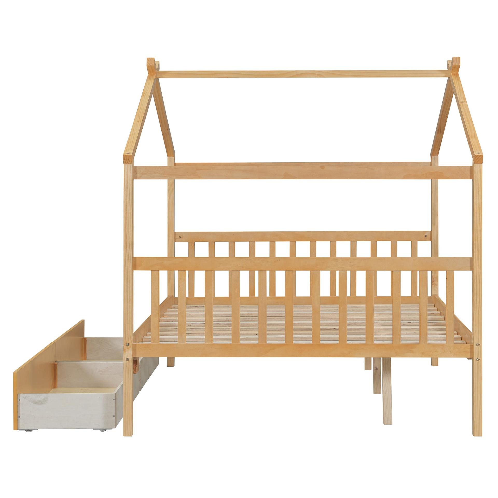 Full size wooden house bed with built-in drawers from Start2Finish, featuring a charming house-shaped design and storage drawers underneath.