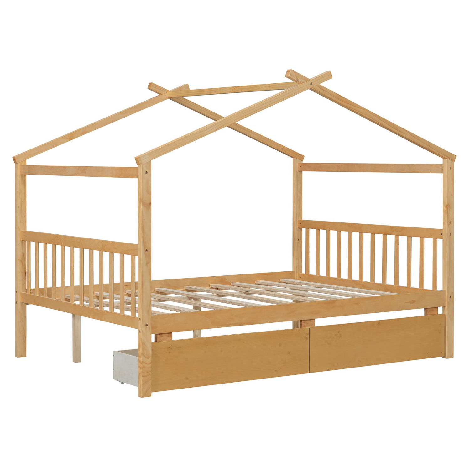 Full size wooden house bed with built-in drawers by Start2Finish, featuring a cozy house-shaped design and storage drawers underneath.