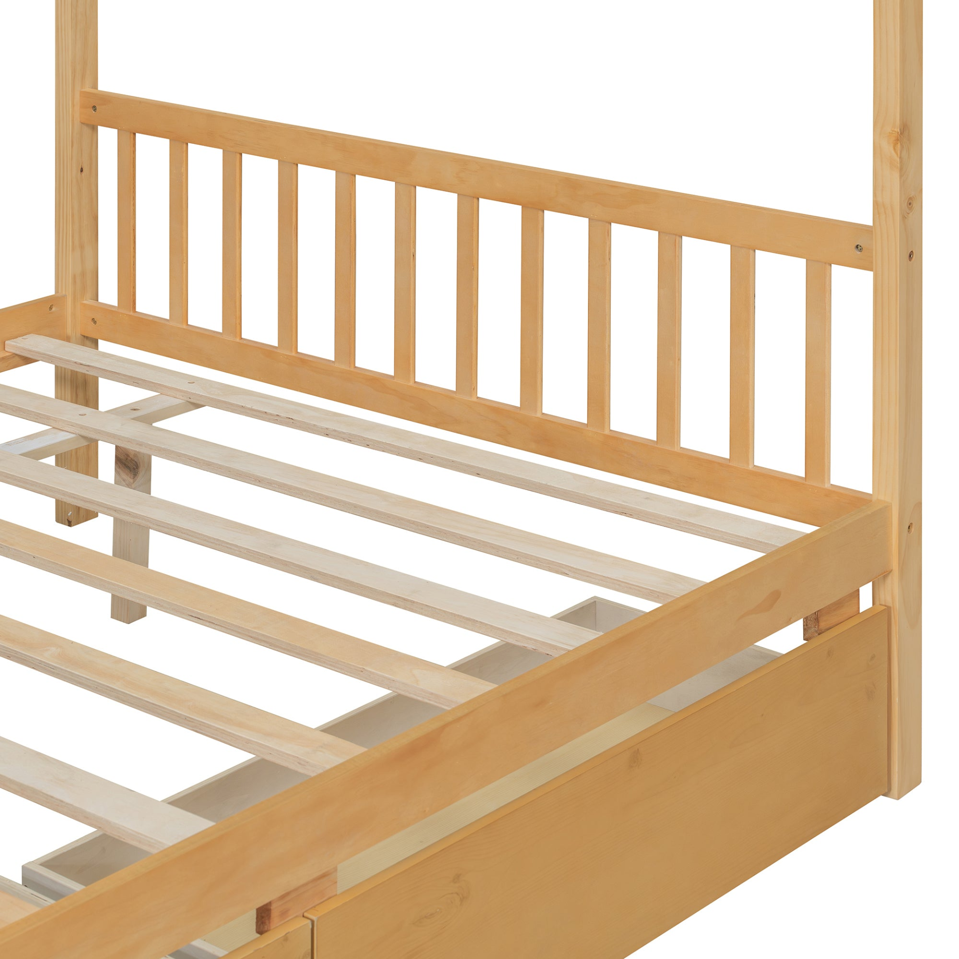 Full size wooden house bed with built-in drawers from Start2Finish, featuring a cozy house-shaped design and storage drawers.