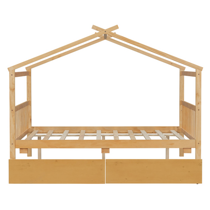 Full size wooden house bed with built-in drawers from Start2Finish, featuring a cozy house-shaped design and storage drawers underneath.