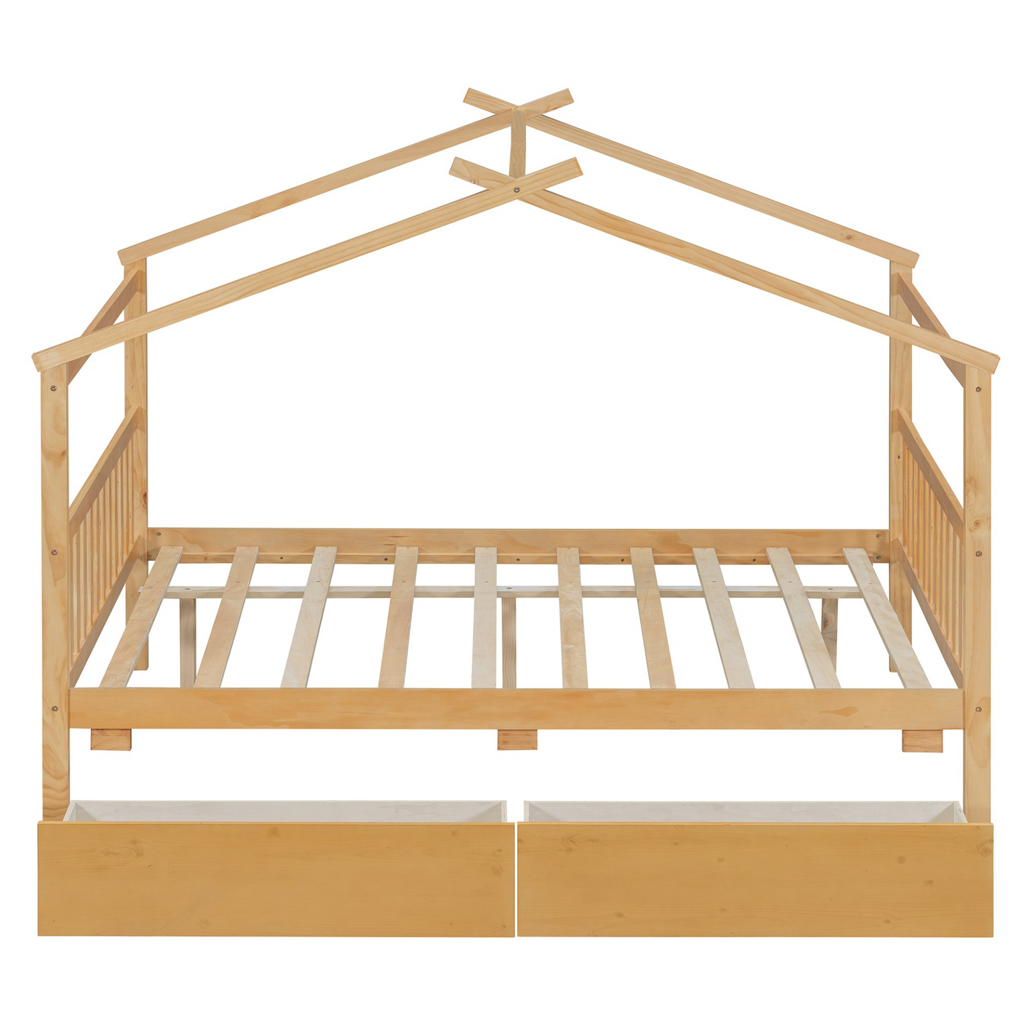 Full size wooden house bed with built-in drawers by Start2Finish, featuring a cozy house-shaped design and ample storage drawers.