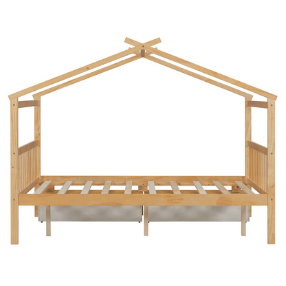 Full size wooden house bed with built-in drawers for storage, featuring a playful house-shaped design by Start2Finish.