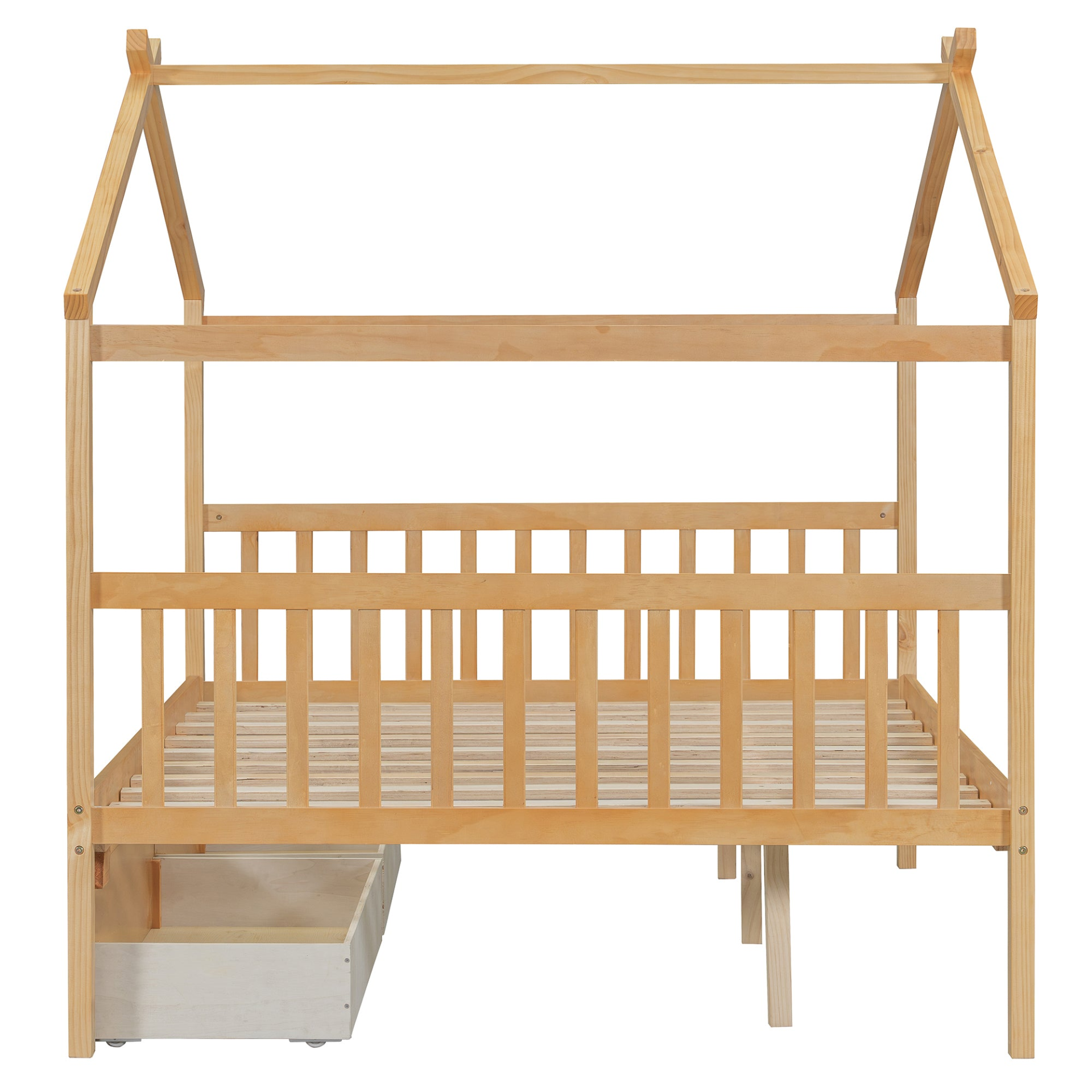 Full size wooden house bed with built-in drawers from Start2Finish, featuring a cozy house-shaped frame and storage drawers underneath.