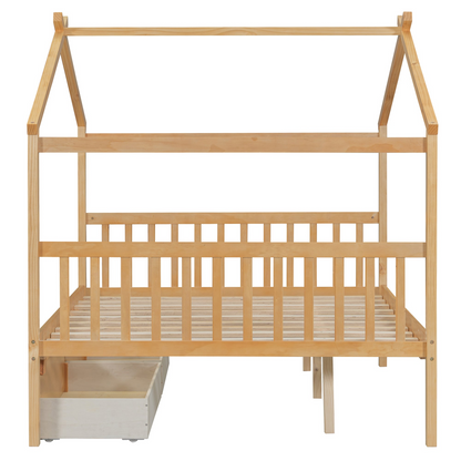 Full size wooden house bed with built-in drawers from Start2Finish, featuring a cozy house-shaped frame and storage drawers underneath.