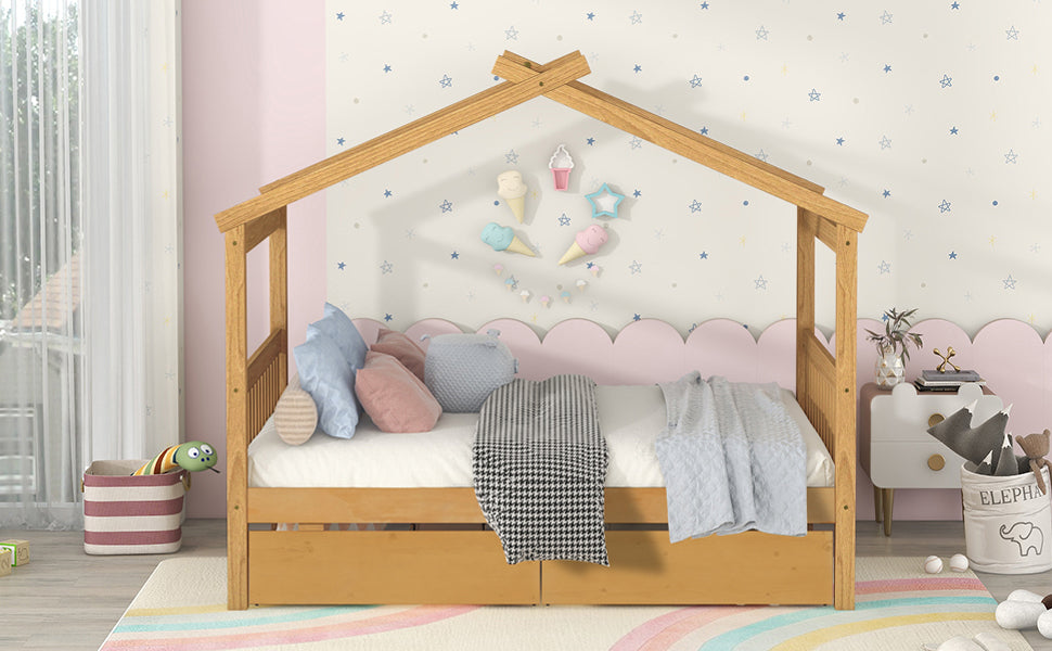 Full size wooden house bed with built-in drawers by Start2Finish, featuring a cozy house-shaped design and storage drawers underneath.
