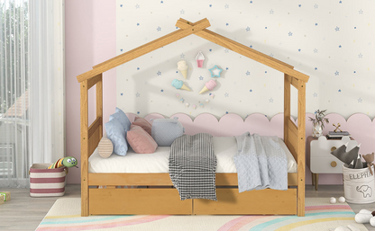 Full size wooden house bed with built-in drawers by Start2Finish, featuring a cozy house-shaped design and storage drawers underneath.