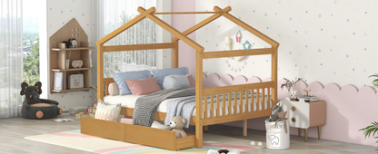 Full size wooden house bed with built-in drawers by Start2Finish, featuring a cozy house-shaped headboard and storage drawers underneath.