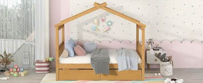 Full size wooden house bed with built-in drawers from Start2Finish, featuring a charming house-shaped frame and spacious storage drawers.