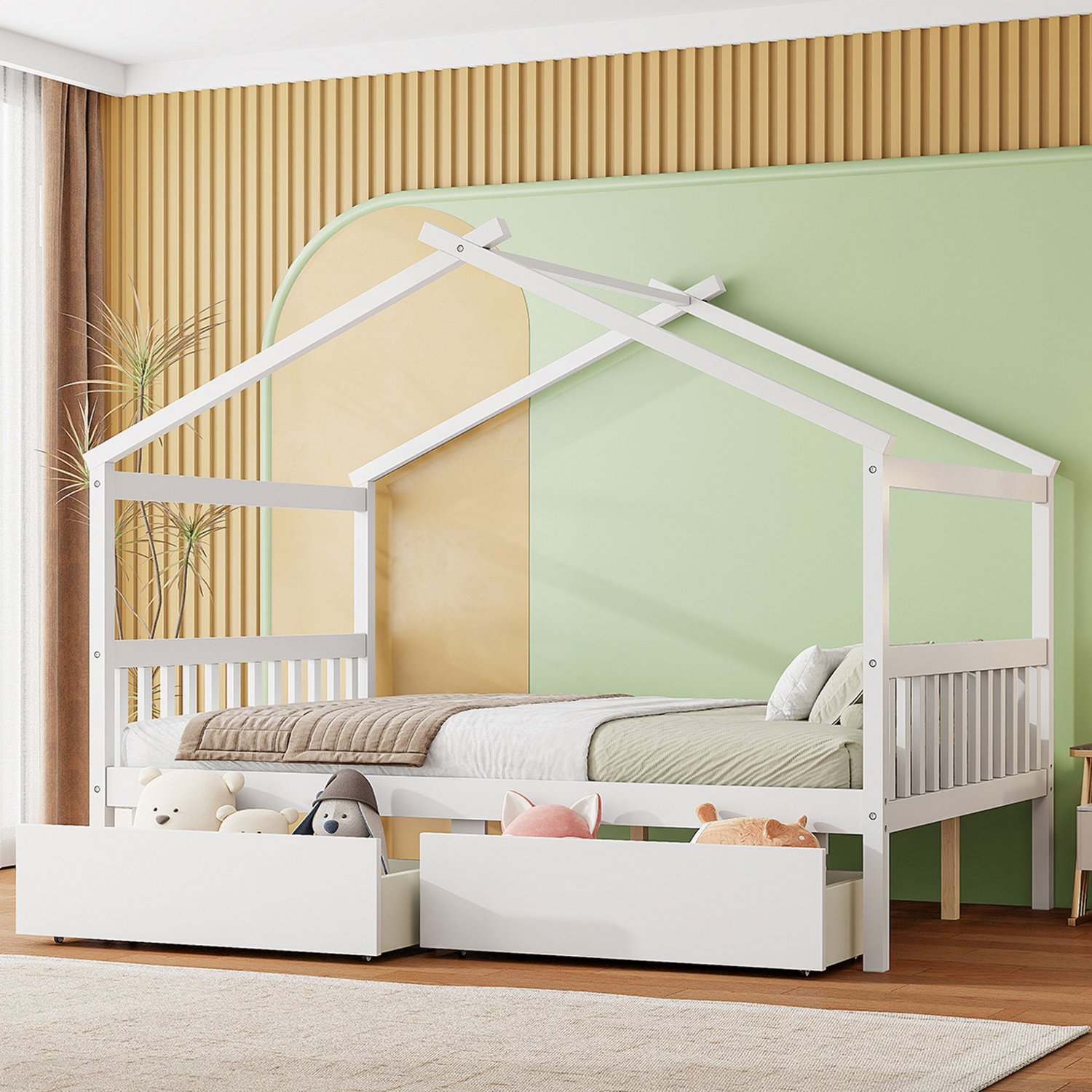 Full size wooden house bed with built-in drawers by Start2Finish, featuring a cozy house-shaped frame and storage drawers underneath.