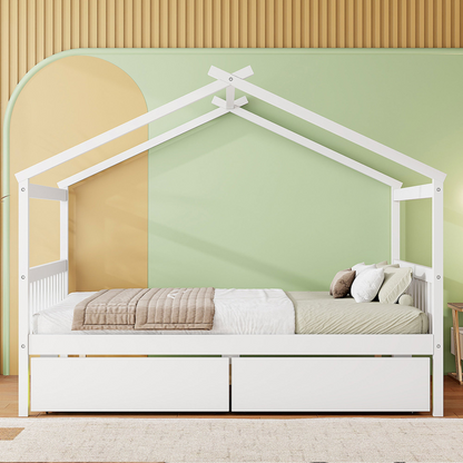 Full size wooden house bed with built-in drawers from Start2Finish, showcasing a cozy bed frame with storage drawers underneath.