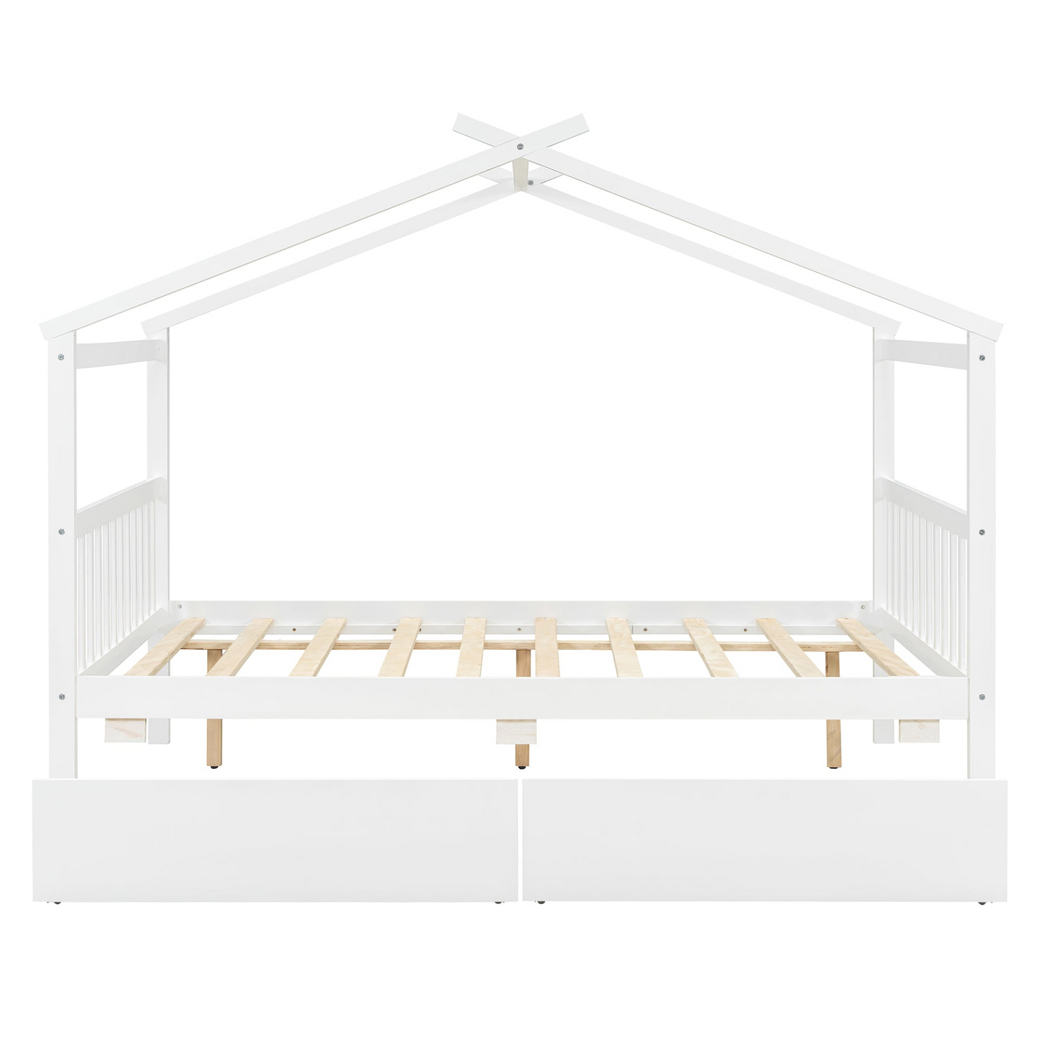 Full size wooden house bed with built-in drawers from Start2Finish, featuring a charming house-shaped design and storage drawers underneath.