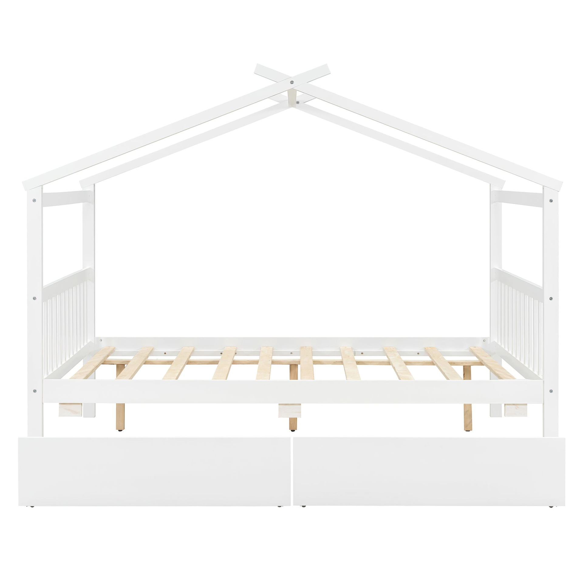 Full size wooden house bed with built-in drawers from Start2Finish, featuring a charming house-shaped design and storage drawers underneath.
