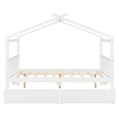 Full size wooden house bed with built-in drawers from Start2Finish, featuring a charming house-shaped design and storage drawers underneath.