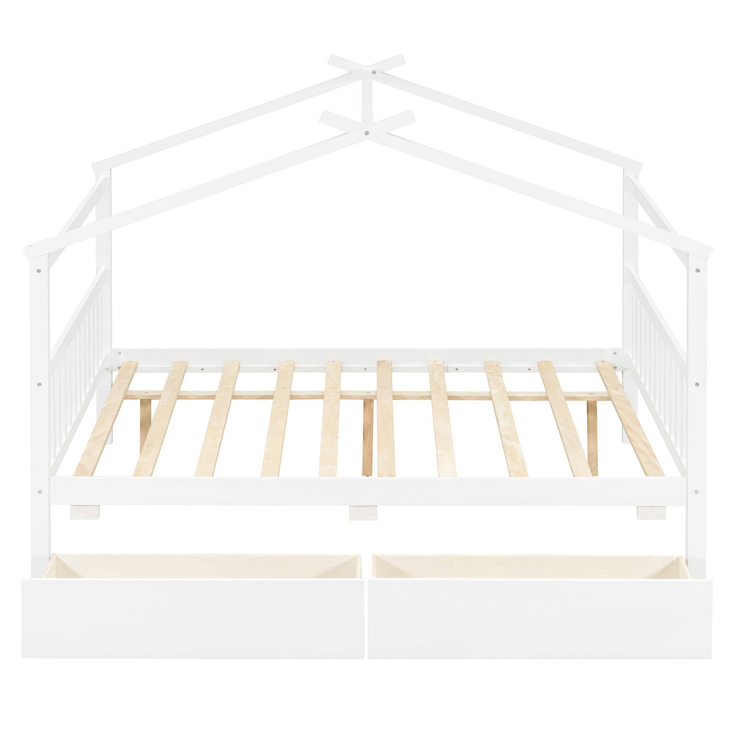 Wooden house bed with drawers from Start2Finish, featuring a full-size frame and built-in storage drawers beneath.