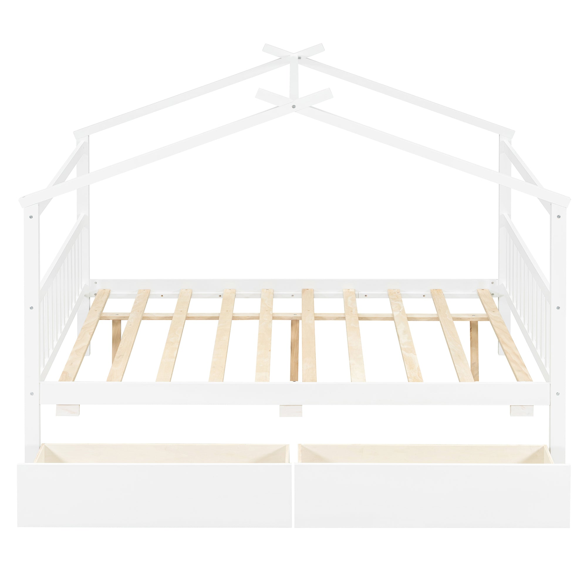 Wooden house bed with drawers from Start2Finish, featuring a full-size frame and built-in storage drawers beneath.