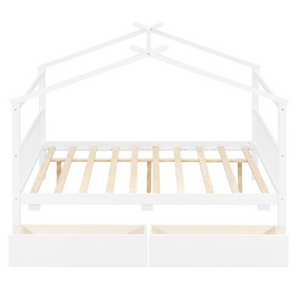 Wooden house bed with drawers from Start2Finish, featuring a full-size frame and built-in storage drawers beneath.