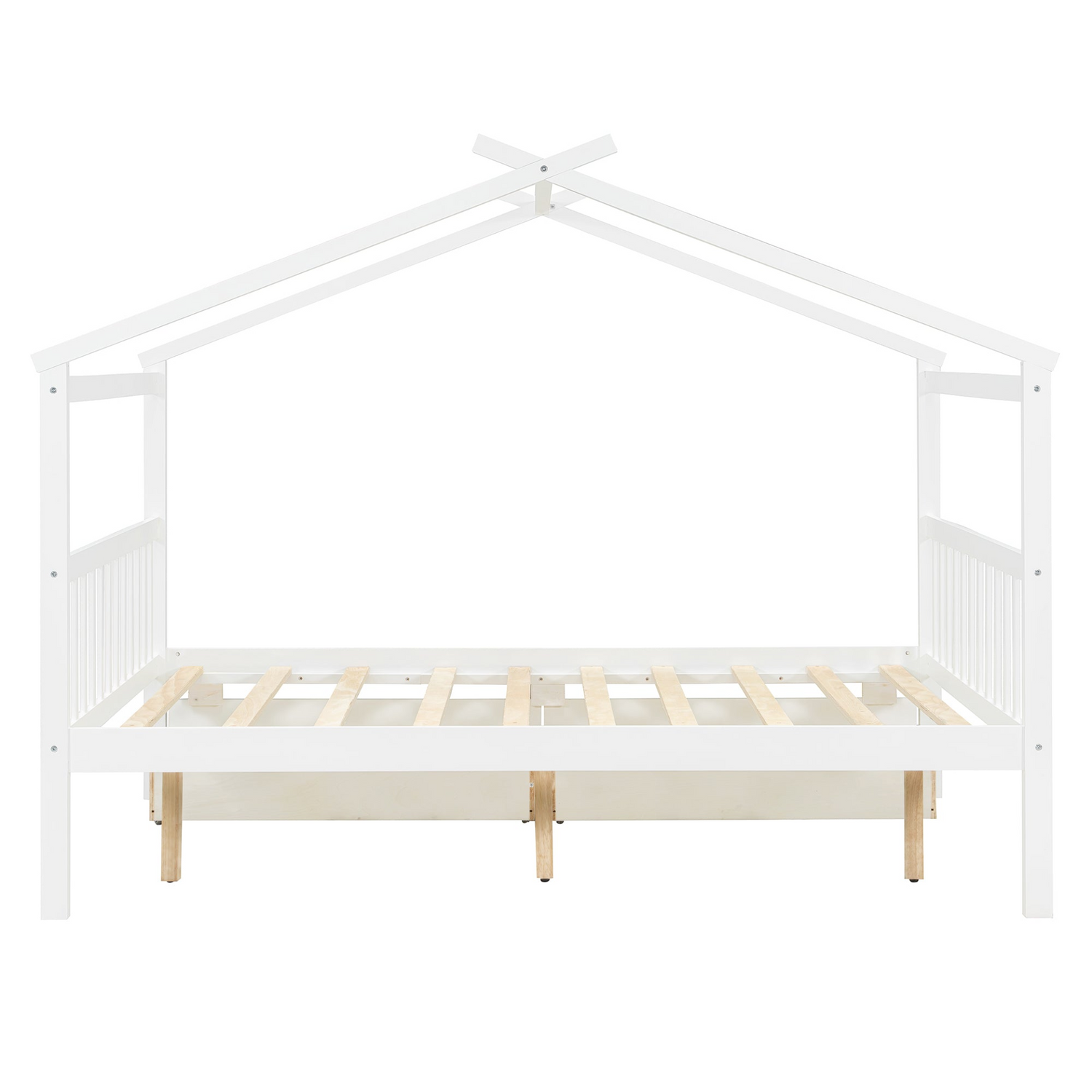 Full size wooden house bed with built-in drawers from Start2Finish, featuring a cozy house-shaped design and storage drawers underneath.