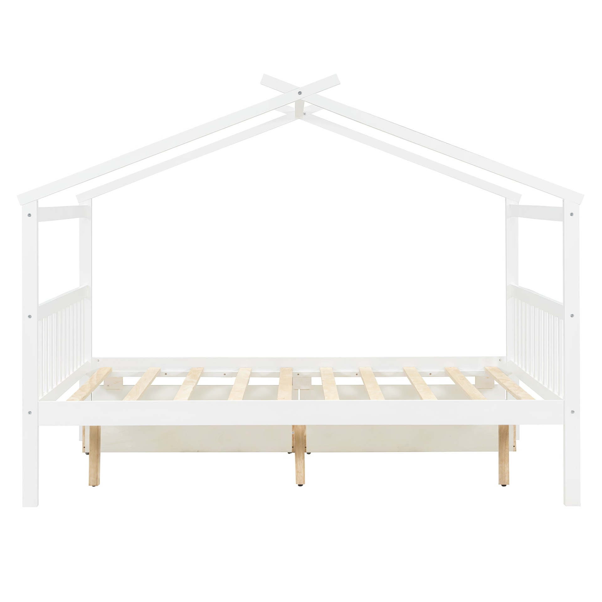 Full size wooden house bed with built-in drawers from Start2Finish, featuring a cozy house-shaped design and storage drawers underneath.