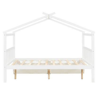 Full size wooden house bed with built-in drawers from Start2Finish, featuring a cozy house-shaped design and storage drawers underneath.