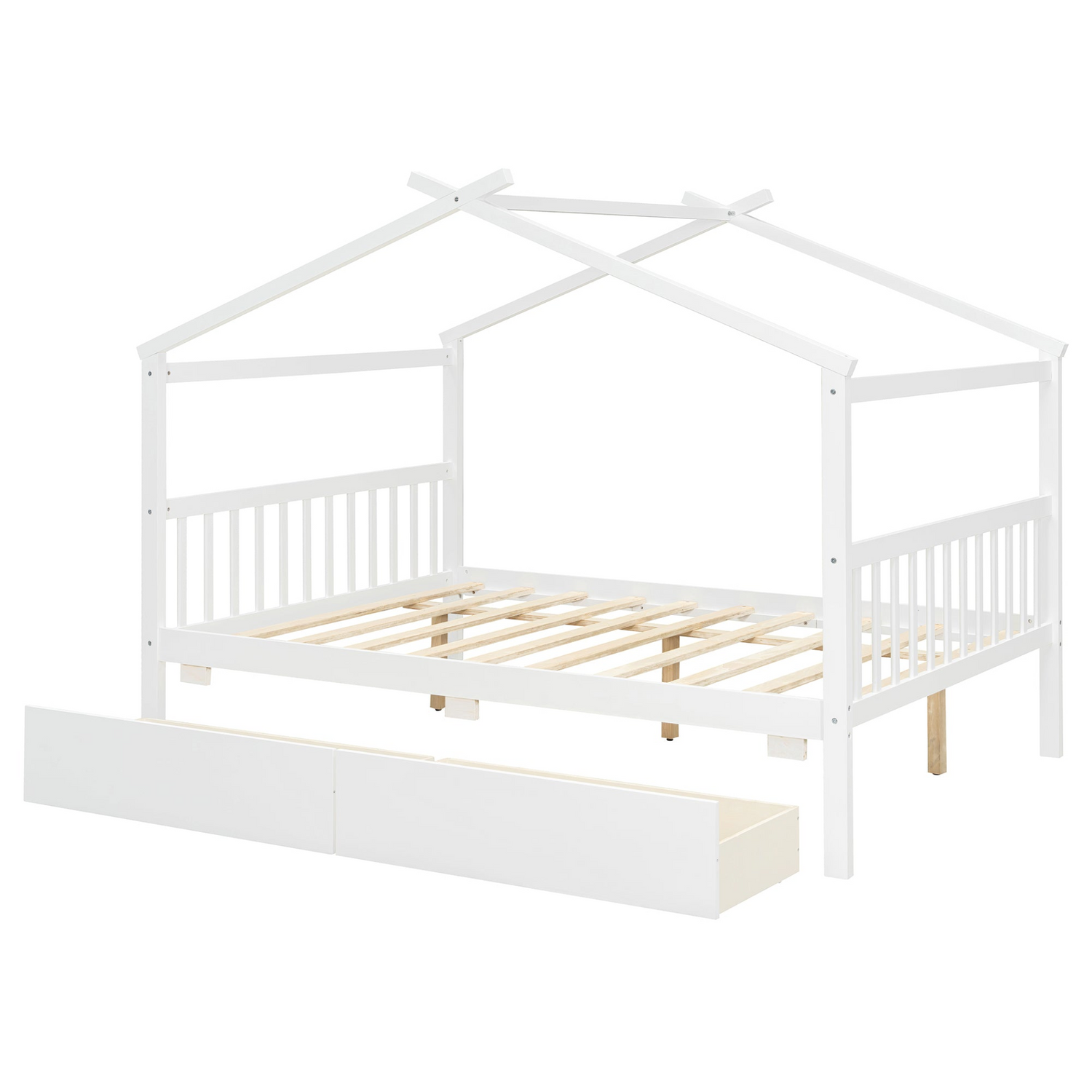 Full size wooden house bed with built-in drawers by Start2Finish, featuring a cozy house-shaped frame and storage drawers underneath.