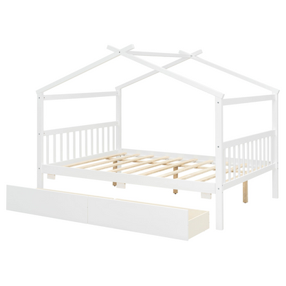 Full size wooden house bed with built-in drawers by Start2Finish, featuring a cozy house-shaped frame and storage drawers underneath.