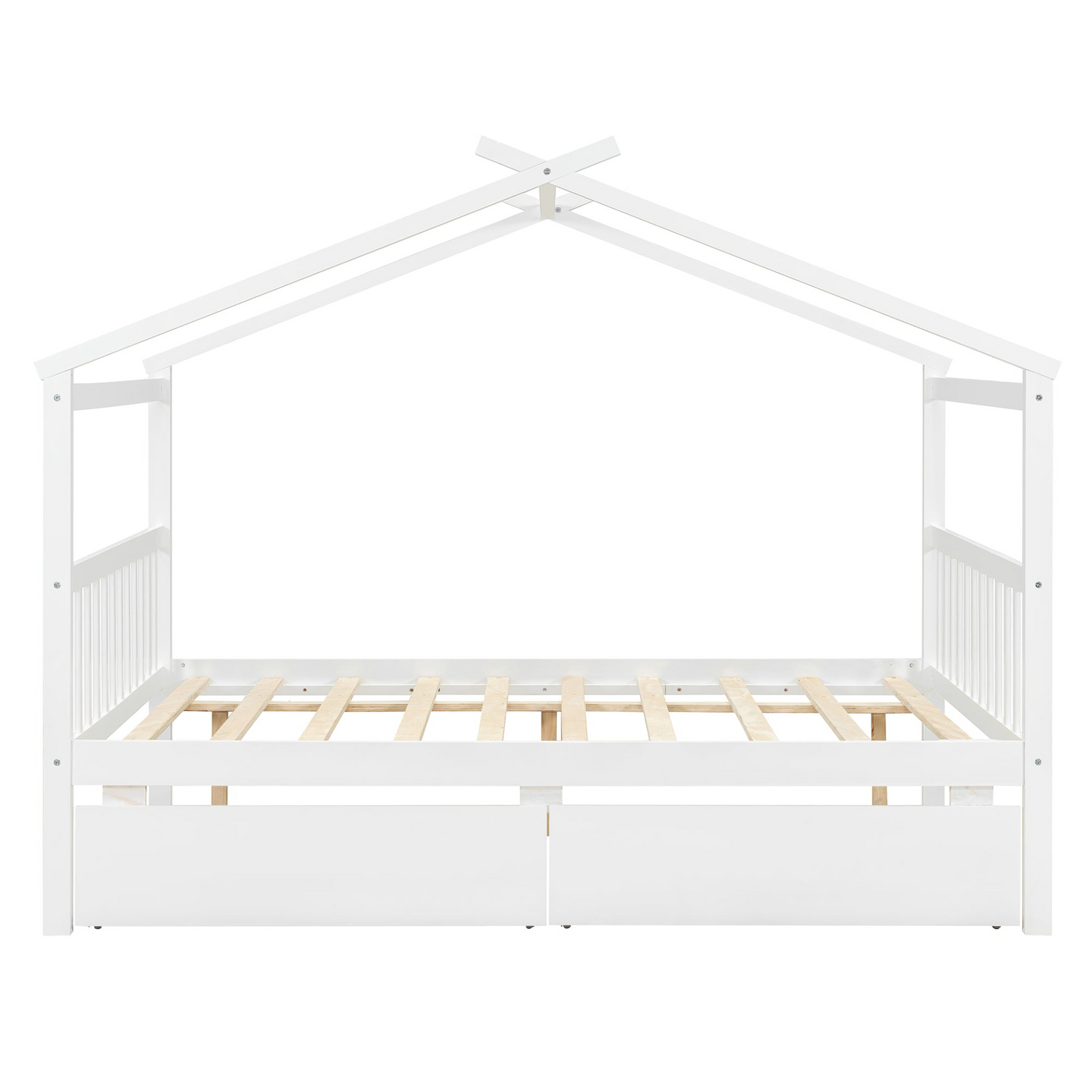 Full size wooden house bed with built-in drawers from Start2Finish, featuring a cozy house-shaped headboard and storage drawers.